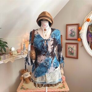 y2k Blouse Blue Excellent Tie Dye Fairycore Crinkle Tie Front Violet & Claire S